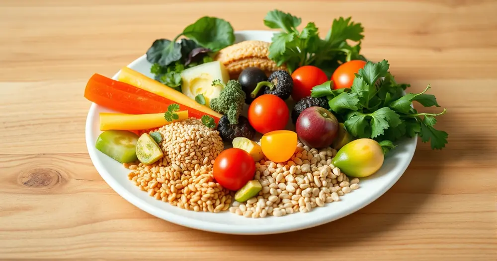 Prato com legumes coloridos e grãos sobre mesa de madeira