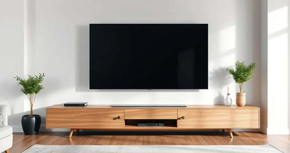 Televisão grande sobre rack de madeira numa sala moderna