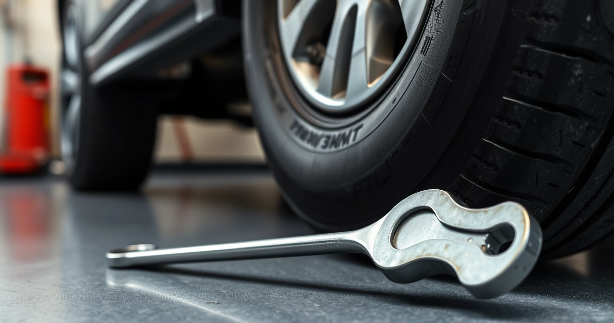 Pneu e chave de roda no chão de uma garagem, em close