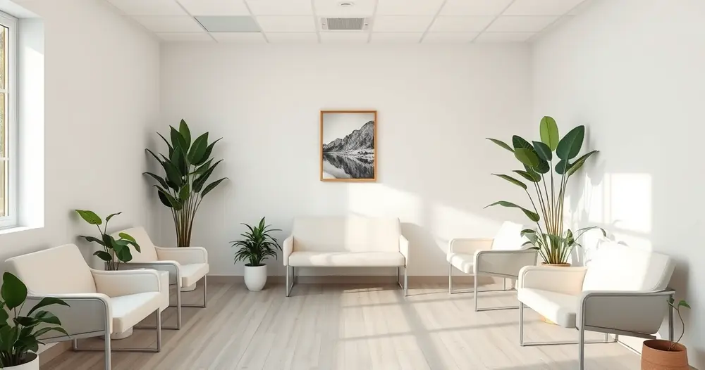 Sala de espera de consultório, com plantas e luz suave