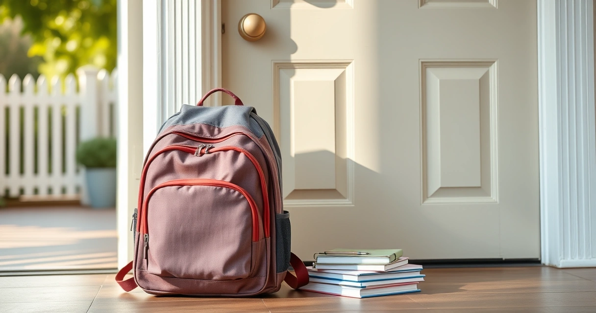 Mochila escolar e cadernos junto à porta, pela manhã