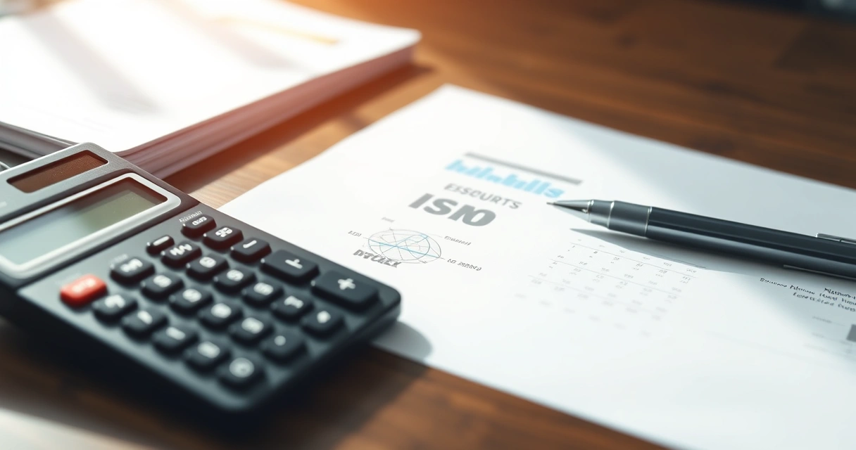 Documentos impressos, calculadora e caneta sobre a mesa