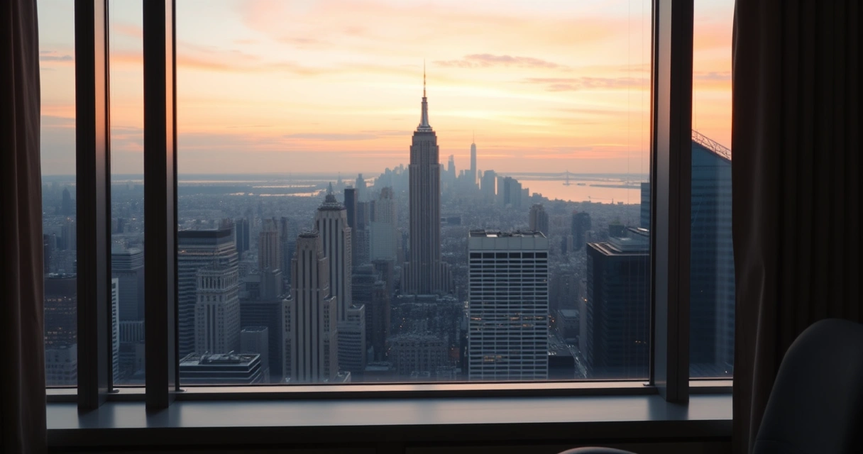 Janela de escritório com vista para a cidade ao anoitecer