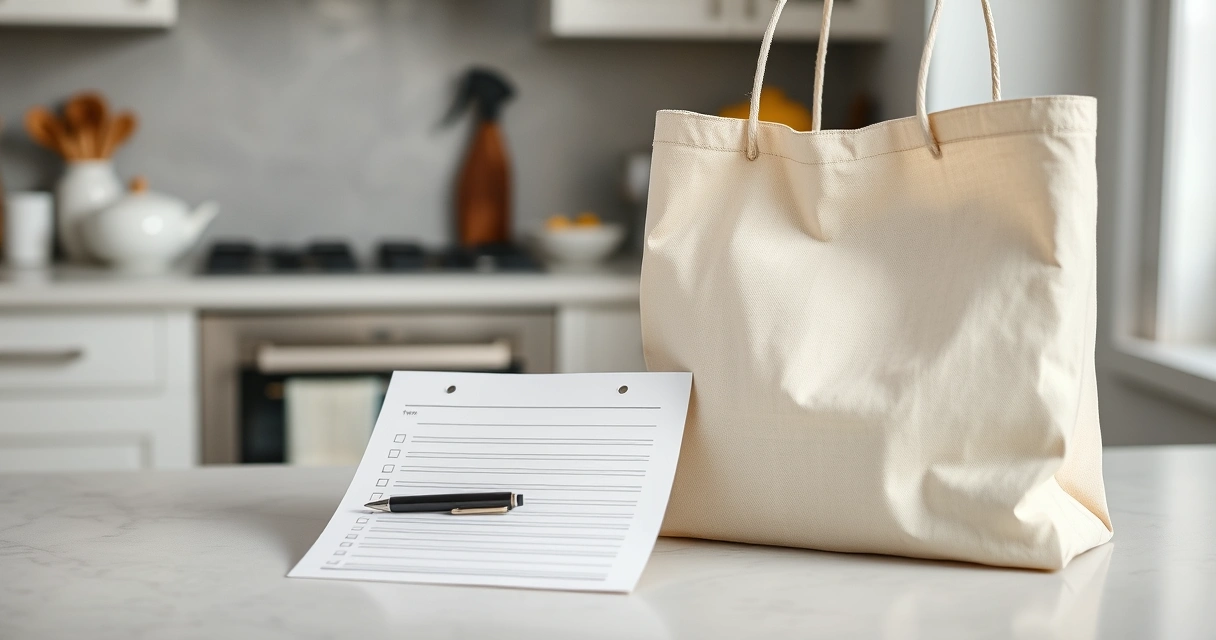Lista de papel e caneta ao lado de uma sacola na bancada da cozinha