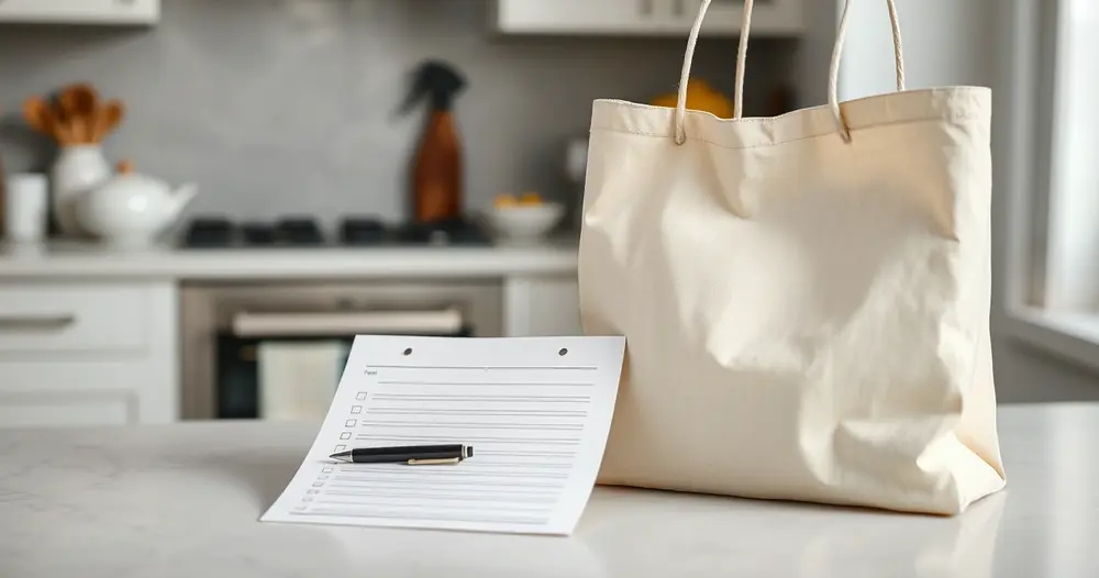 Lista de papel e caneta ao lado de uma sacola na bancada da cozinha