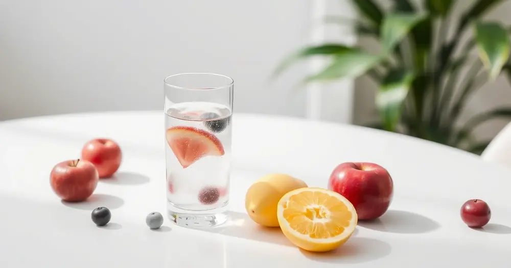 Copo de água e frutas frescas sobre uma mesa clara