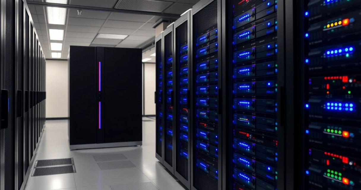 Racks de servidores com luzes azuis num corredor de data center