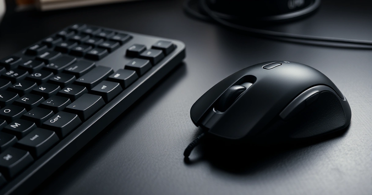 Close de um teclado mecânico e um mouse sobre mesa escura