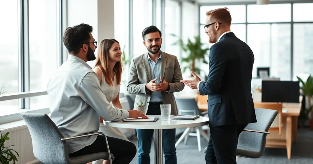 Três pessoas conversando ao redor de uma mesa num escritório claro