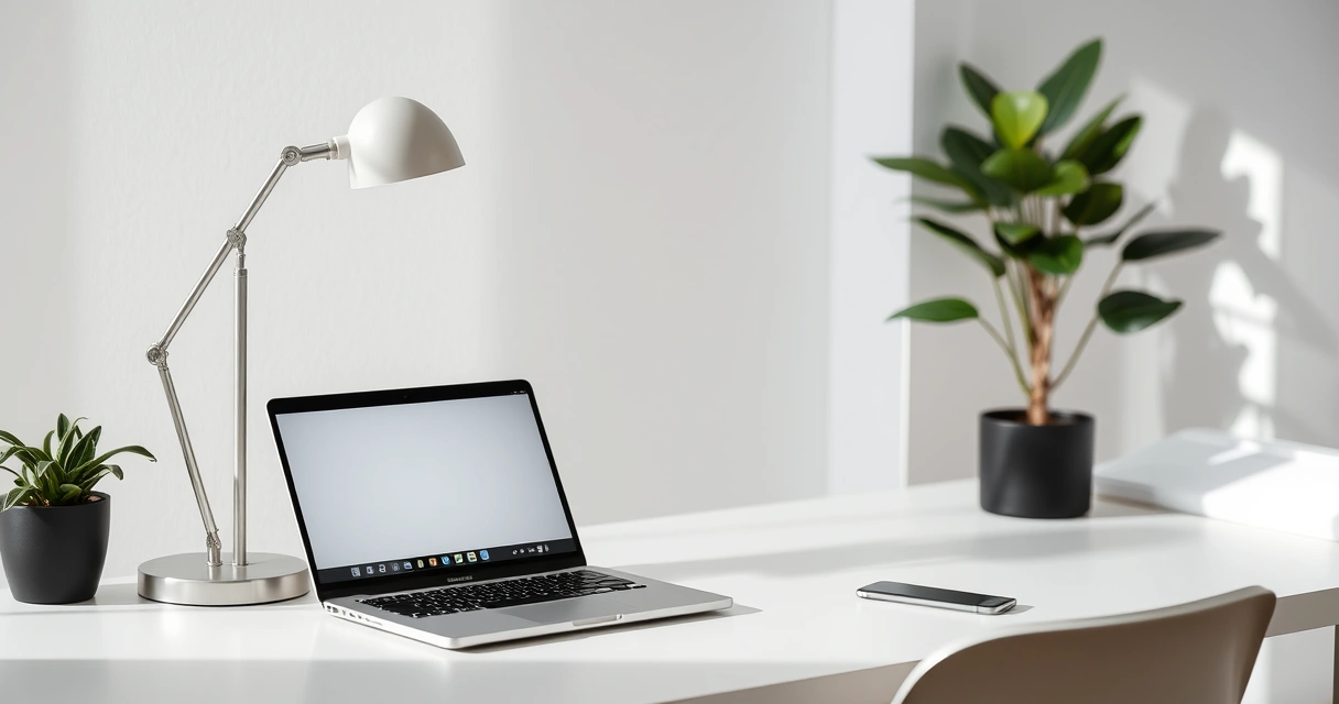 Estação de trabalho organizada, com notebook, luminária e planta