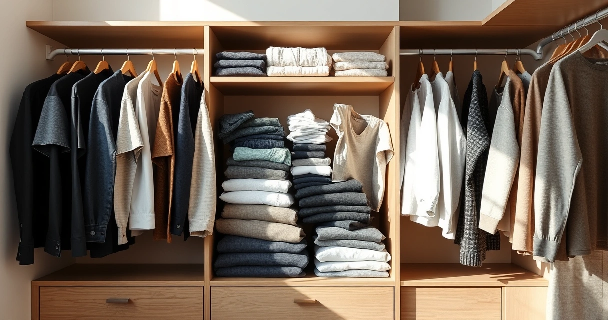 Roupas dobradas com cuidado dentro de um guarda-roupa aberto
