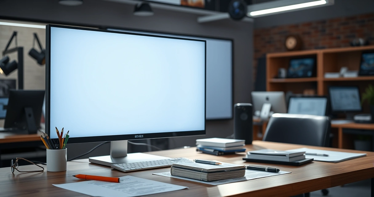 Mesa de redação com monitor e anotações, com luz do dia