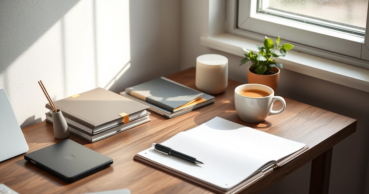 Escrivaninha organizada com caderno, caneta e xícara de café
