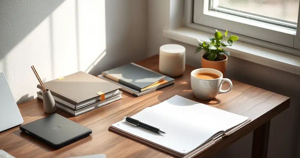 Escrivaninha organizada com caderno, caneta e xícara de café