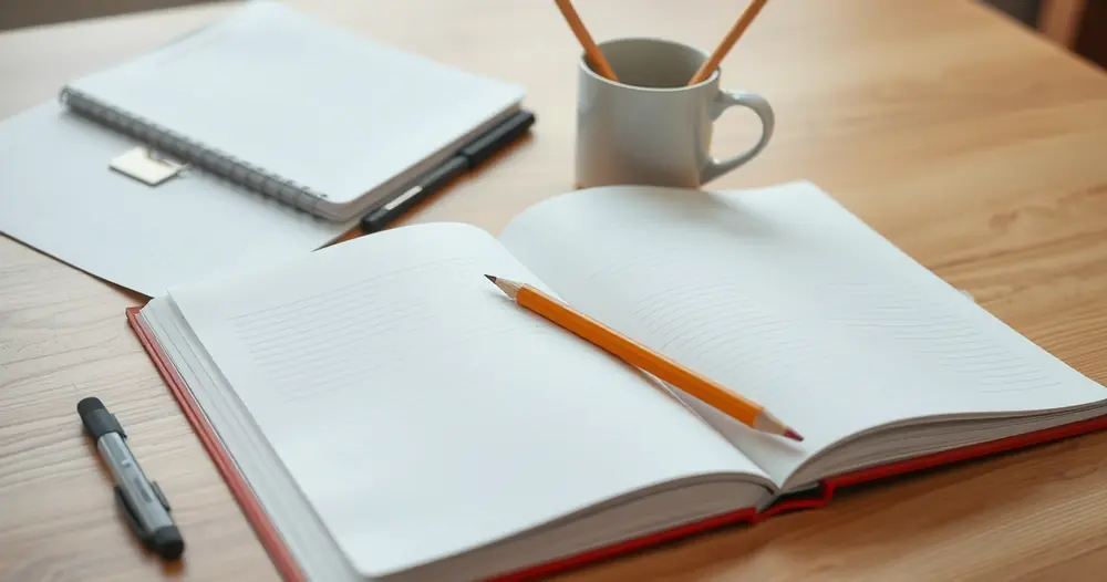 Caderno aberto, lápis e uma caneca sobre a mesa de estudo