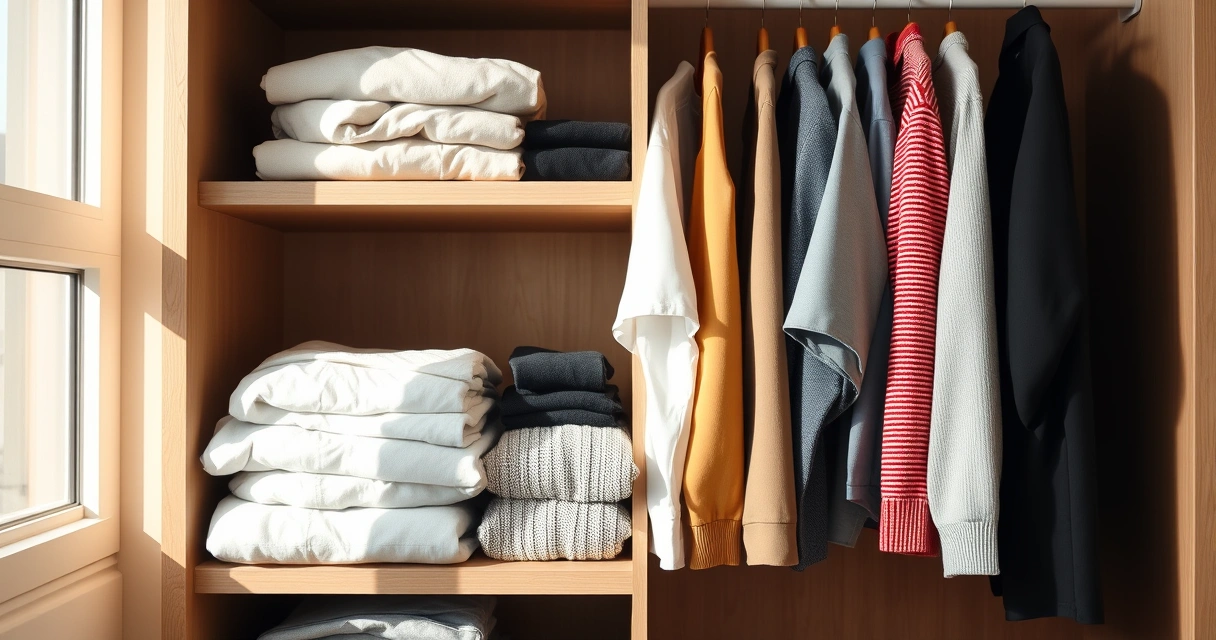 Roupas dobradas com cuidado dentro de um guarda-roupa aberto