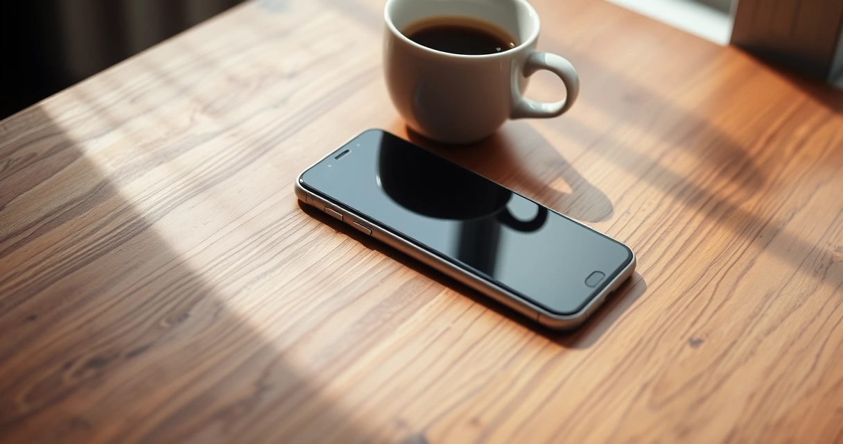 Celular sobre uma mesa de madeira, ao lado de uma xícara de café