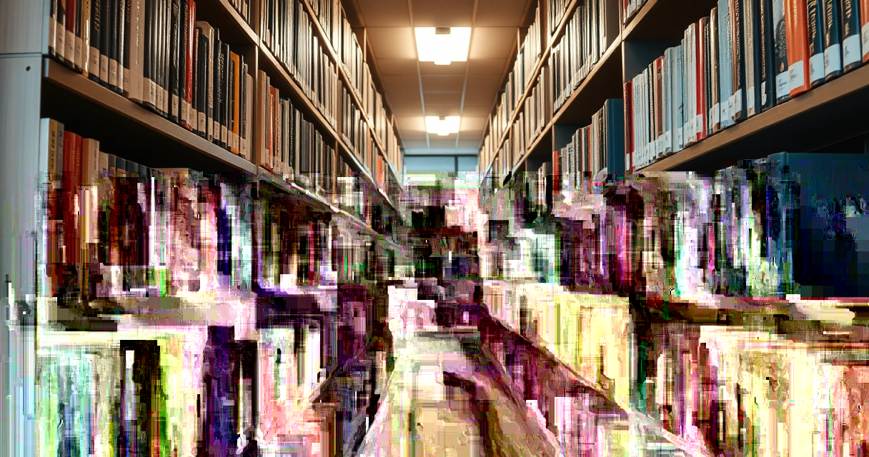Estantes de biblioteca cheias de livros, com luz quente
