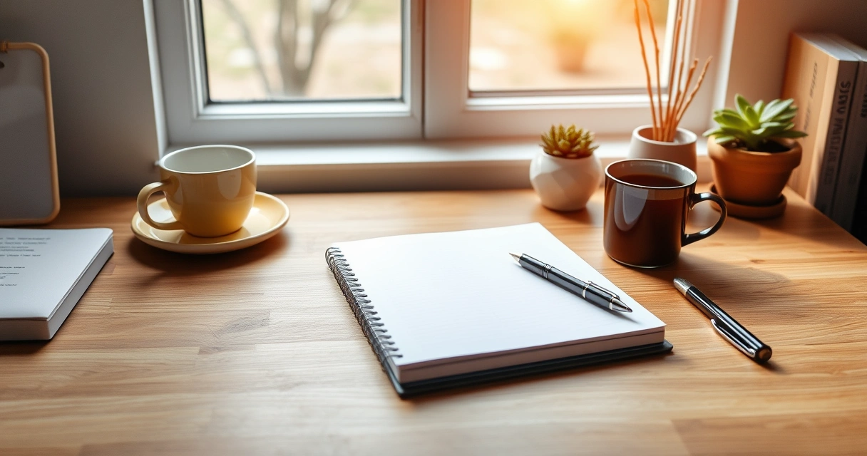 Escrivaninha organizada com caderno, caneta e xícara de café