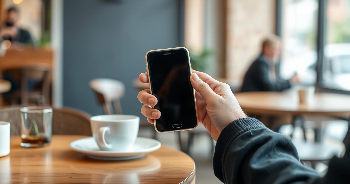 Pessoa segurando um celular na mesa de uma cafeteria