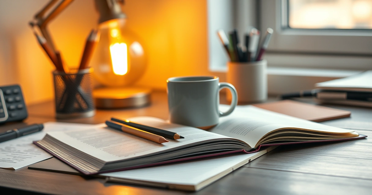 Caderno aberto, lápis e uma caneca sobre a mesa de estudo