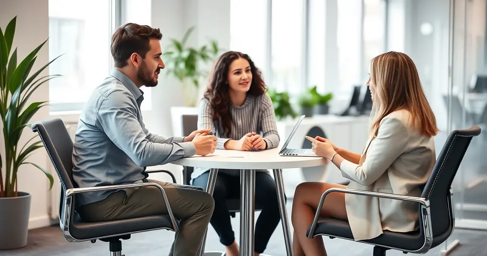 Três pessoas conversando ao redor de uma mesa num escritório claro