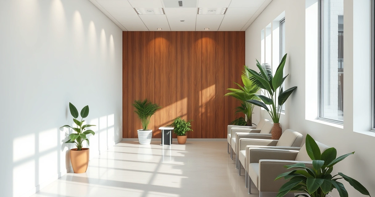 Sala de espera de consultório, com plantas e luz suave