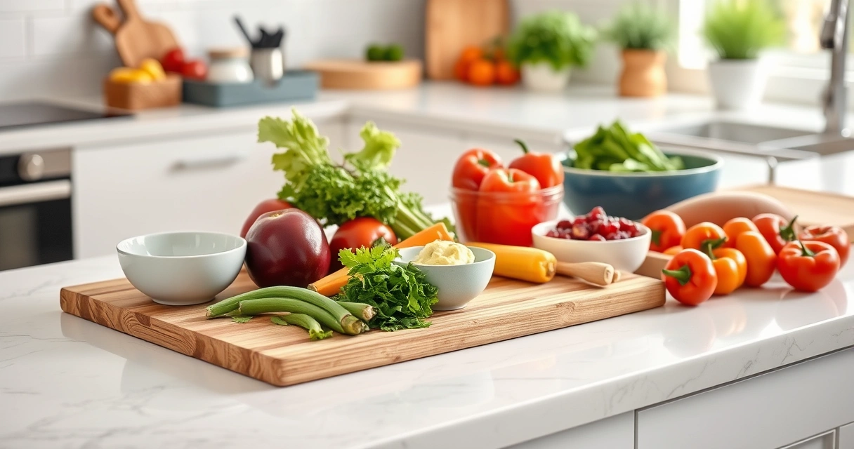 Bancada de cozinha com tábua, tigelas e legumes frescos