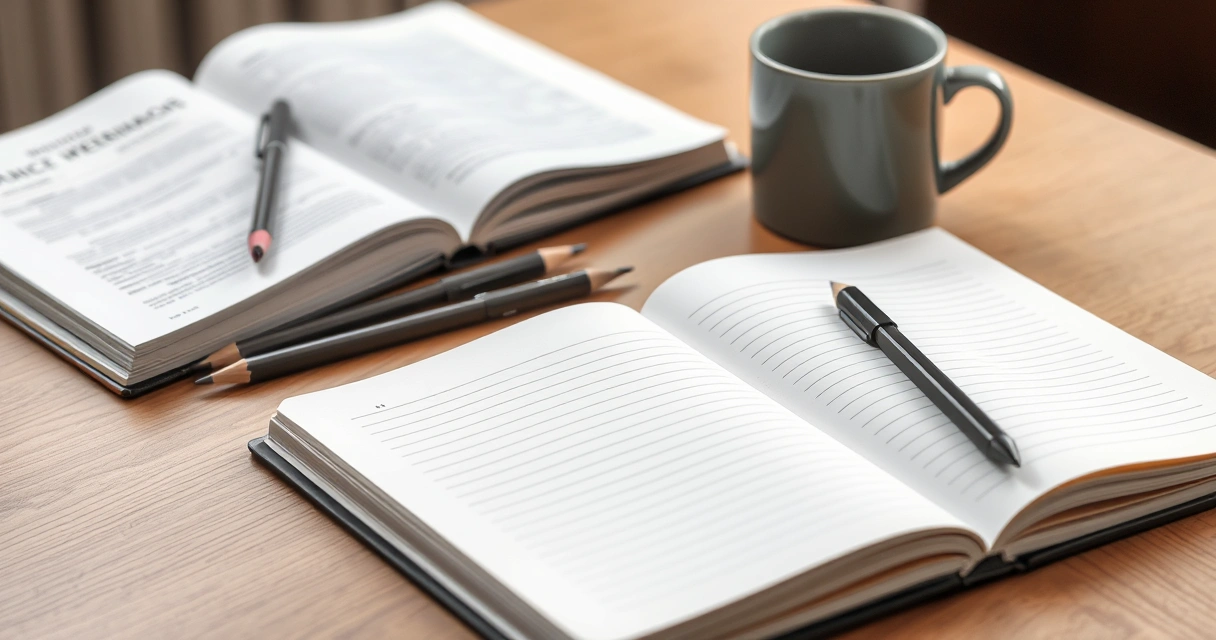 Caderno aberto, lápis e uma caneca sobre a mesa de estudo