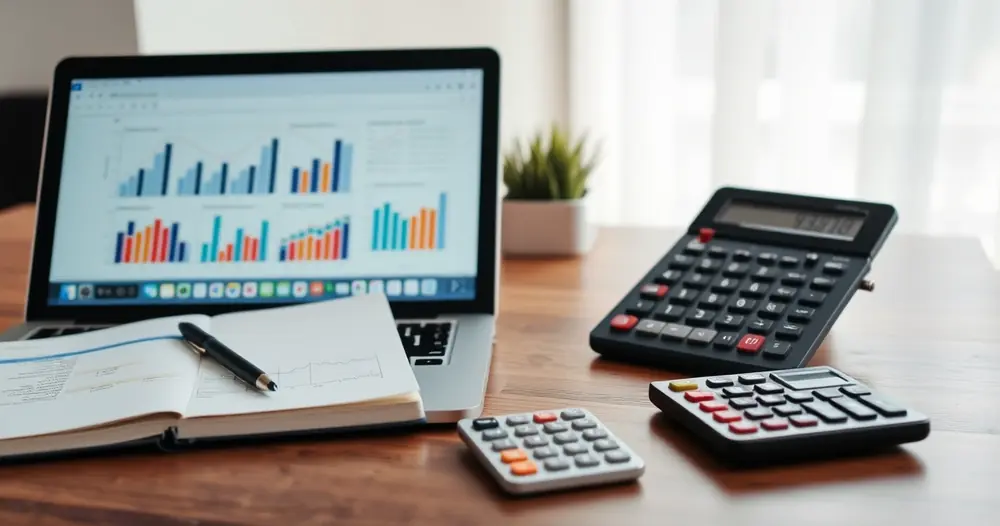 Notebook com gráficos ao lado de um caderno e uma calculadora