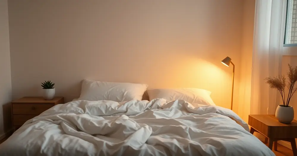 Quarto tranquilo com roupa de cama macia e luz baixa