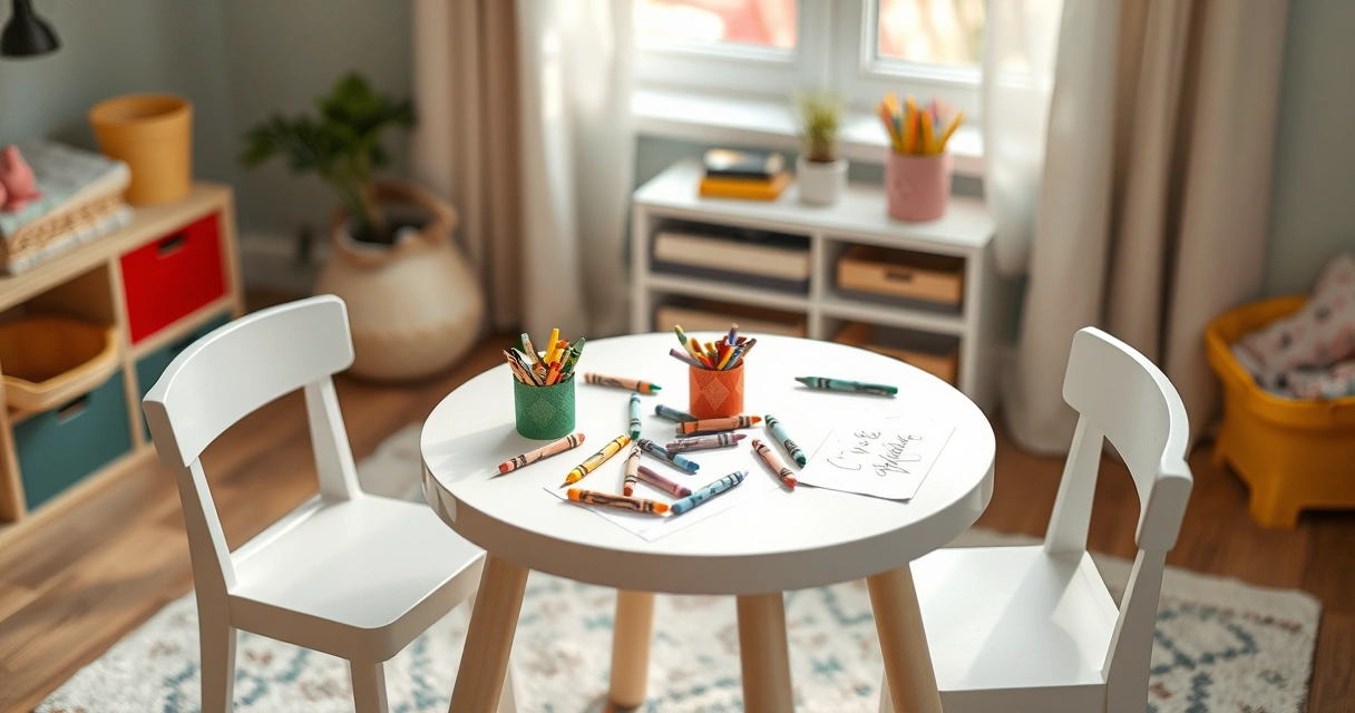 Mesinha com giz de cera e papel num quarto infantil