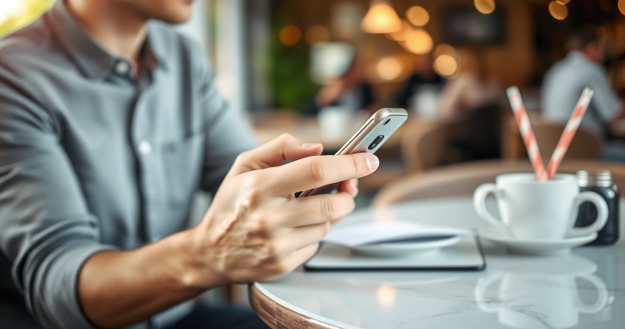Pessoa segurando um celular na mesa de uma cafeteria