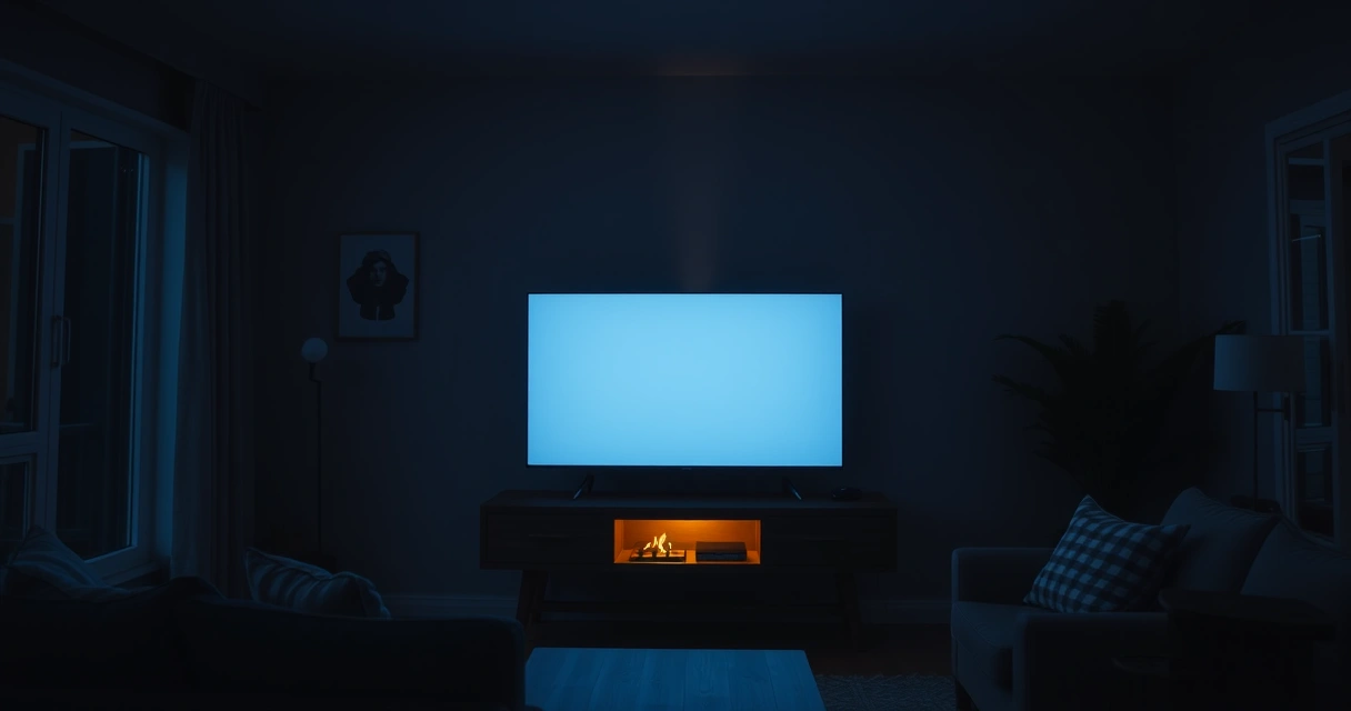 Televisão acesa numa sala escura, com ar aconchegante