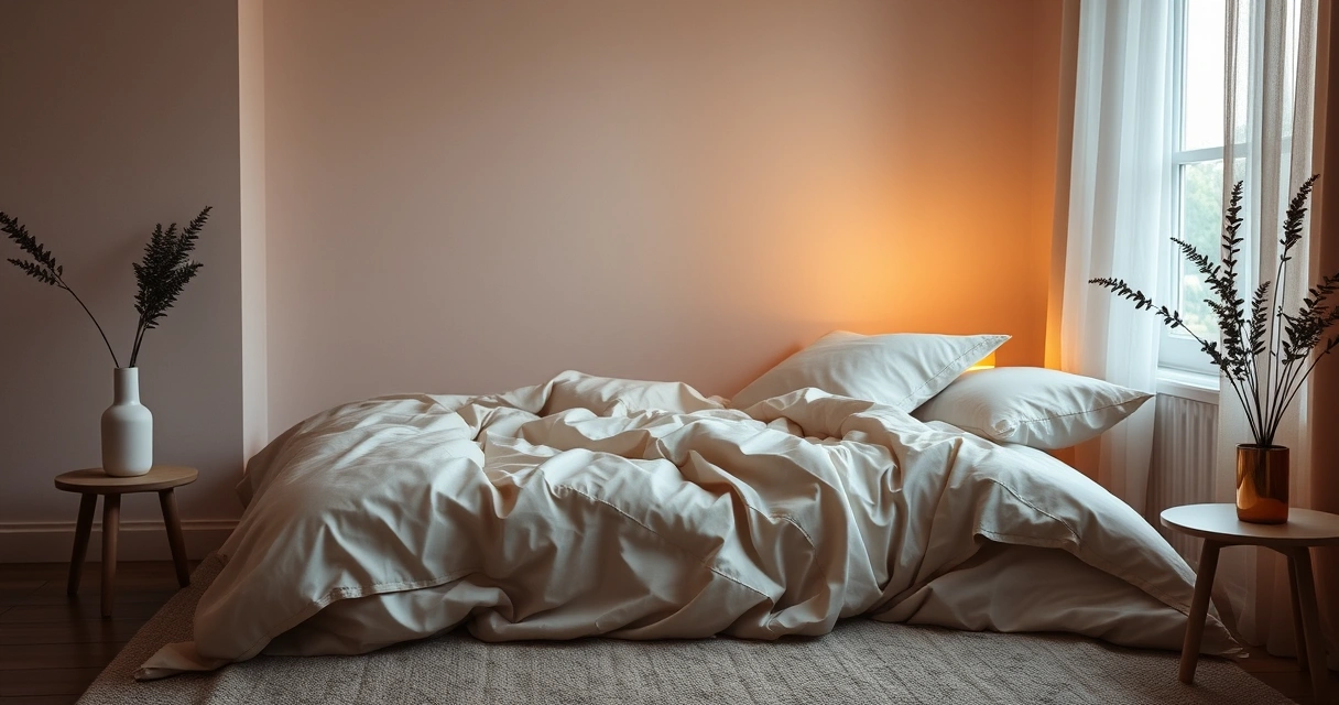Quarto tranquilo com roupa de cama macia e luz baixa