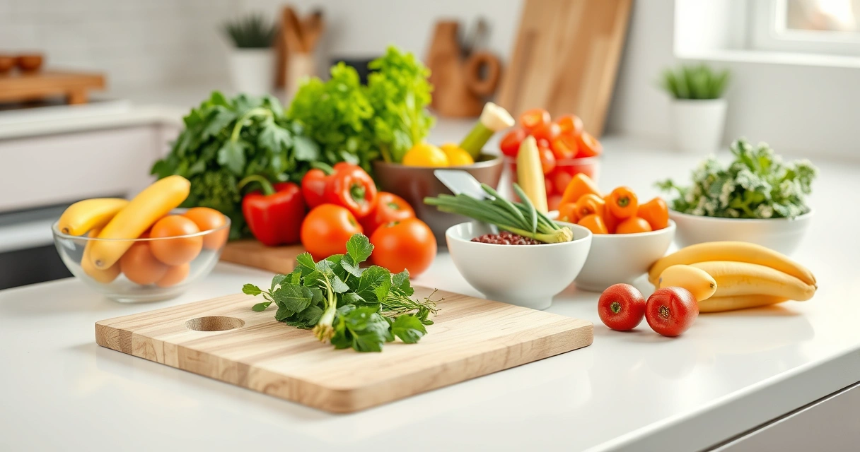 Bancada de cozinha com tábua, tigelas e legumes frescos