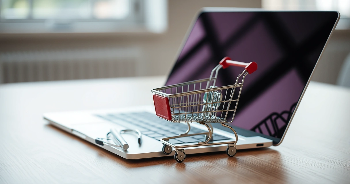 Carrinho de compras em miniatura ao lado de um notebook