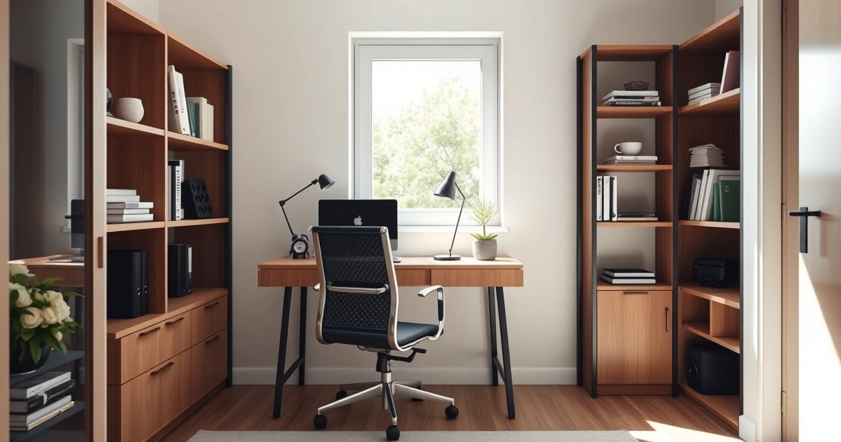 Escritório compacto em casa, com mesa, cadeira e prateleiras