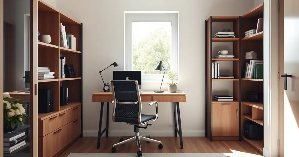 Escritório compacto em casa, com mesa, cadeira e prateleiras