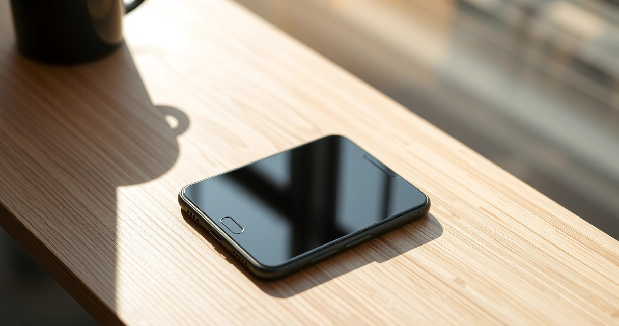 Celular sobre uma mesa de madeira, ao lado de uma xícara de café