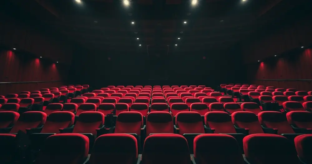 Sala de cinema vazia com poltronas vermelhas