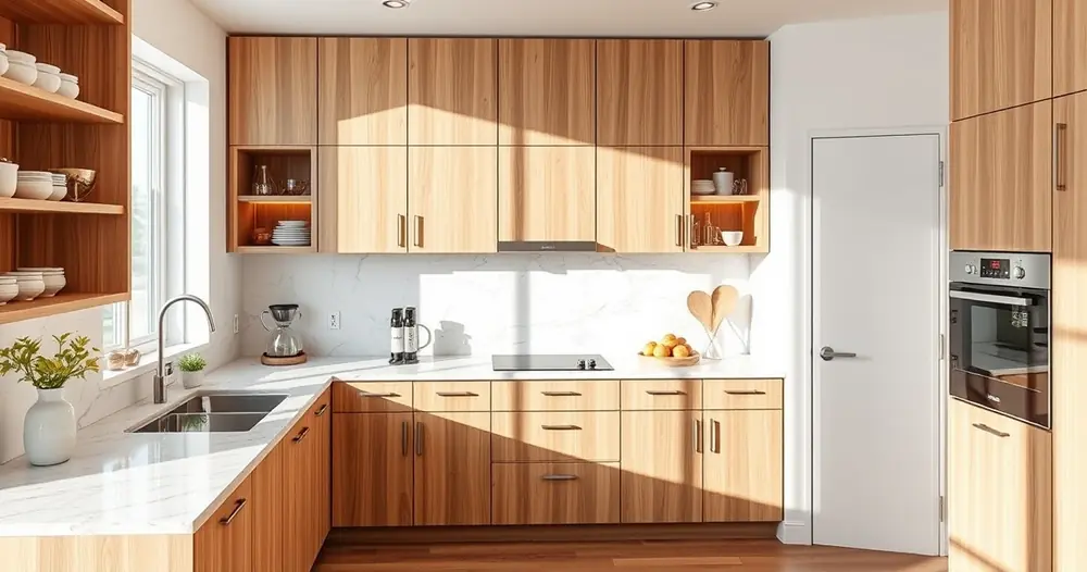 Cozinha moderna com armários de madeira e bancada de mármore