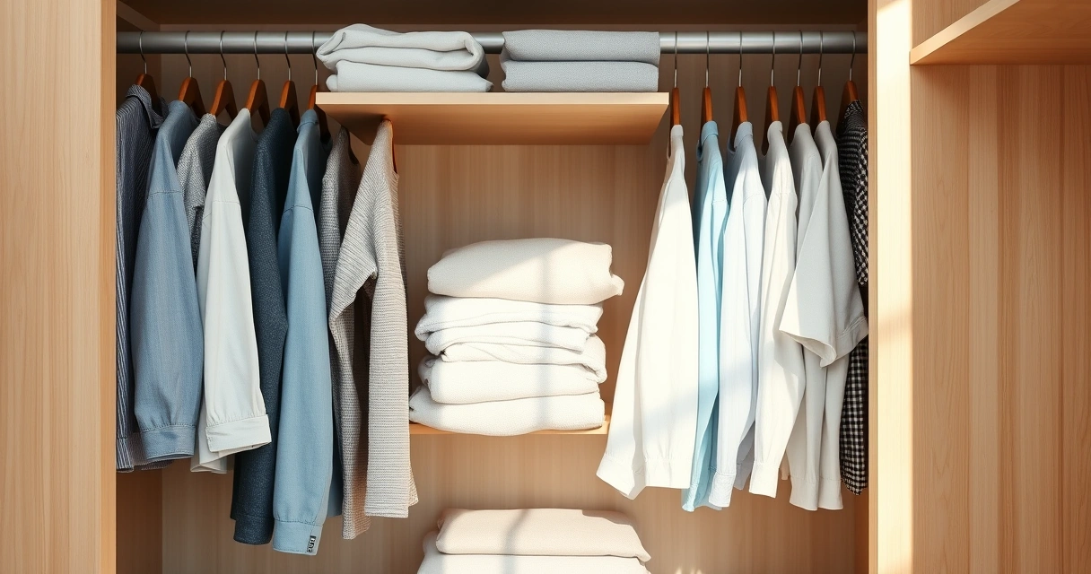 Roupas dobradas com cuidado dentro de um guarda-roupa aberto