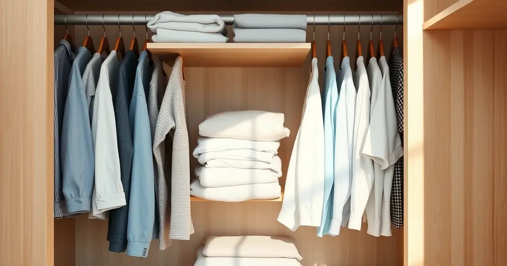Roupas dobradas com cuidado dentro de um guarda-roupa aberto