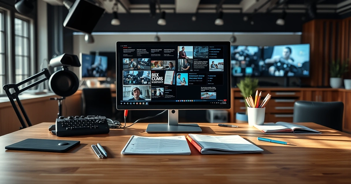 Mesa de redação com monitor e anotações, com luz do dia