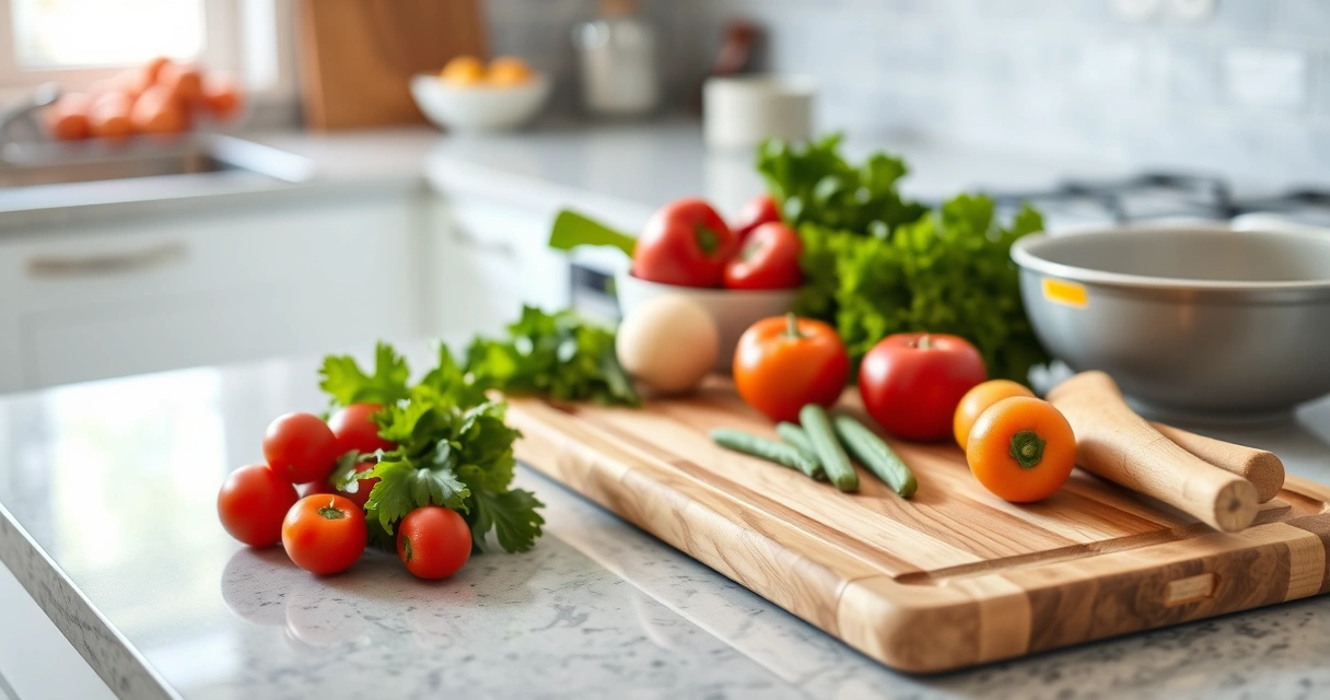 Bancada de cozinha com tábua, tigelas e legumes frescos