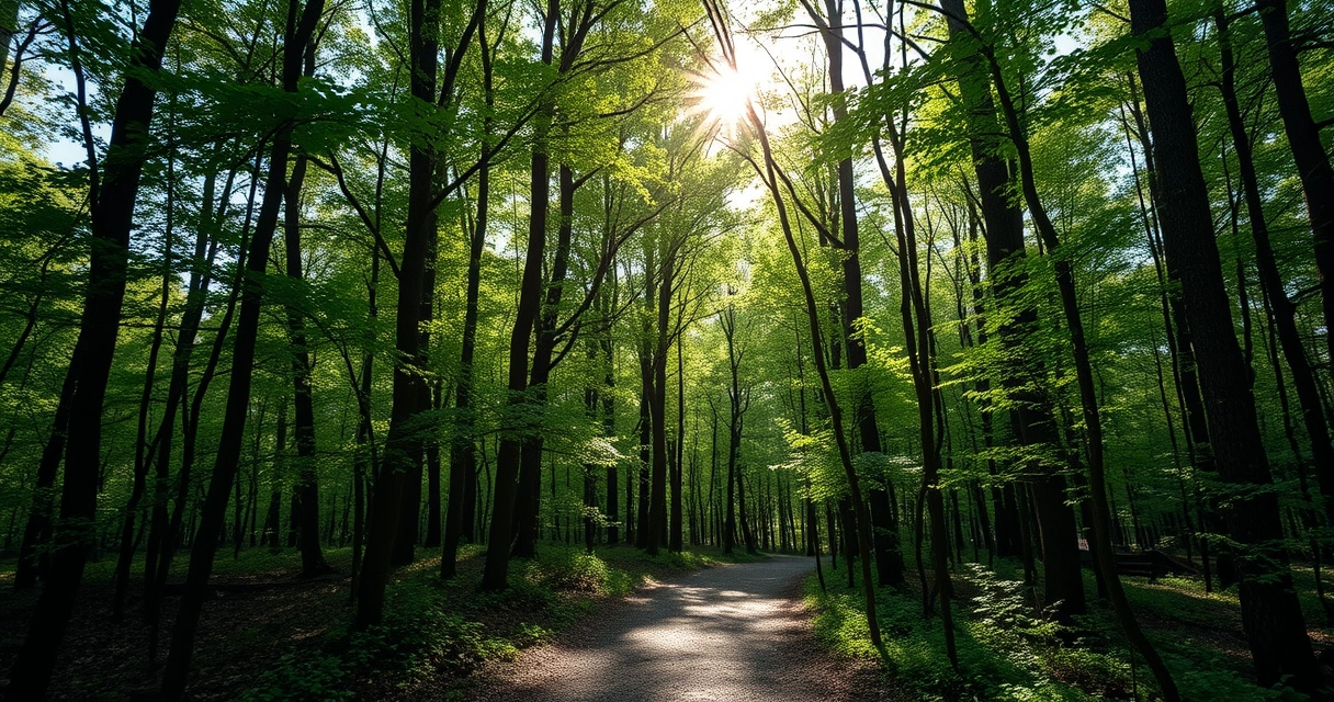 Trilha na mata com a luz do sol atravessando as copas