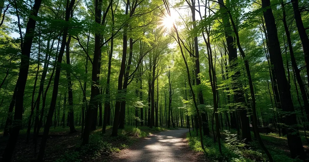 Trilha na mata com a luz do sol atravessando as copas