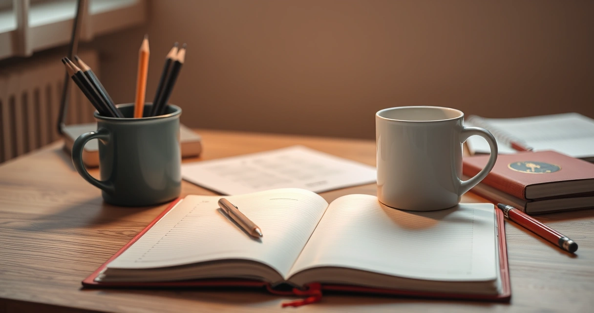 Caderno aberto, lápis e uma caneca sobre a mesa de estudo