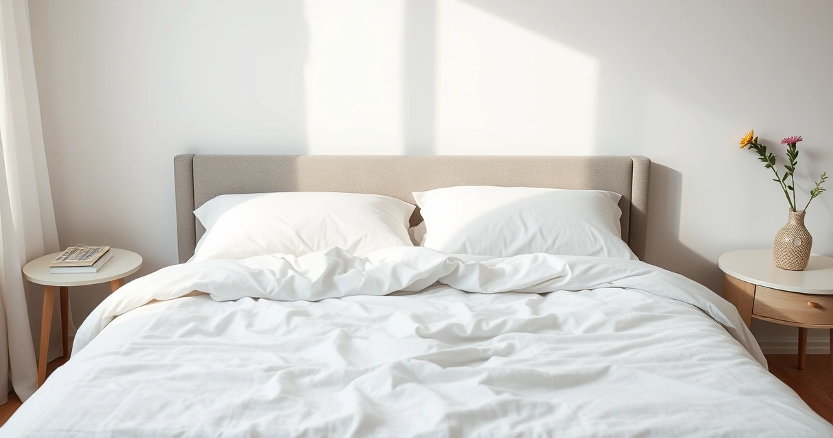 Cama arrumada com roupa de cama clara, num quarto tranquilo